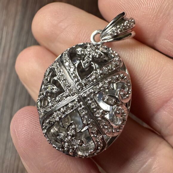 925 Sterling Silver STS Real Diamond Ornate Filigree Oval Locket Pendant Vintage - Picture 9 of 12